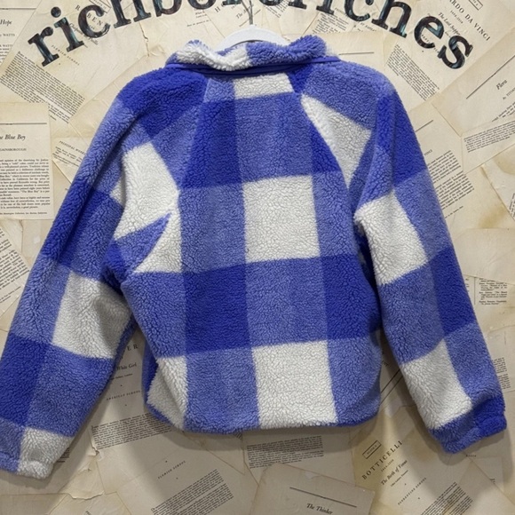 Free People Hit The Slopes Printed Fleece Jacket Blue Irish Gingham Combo - Picture 6 of 6